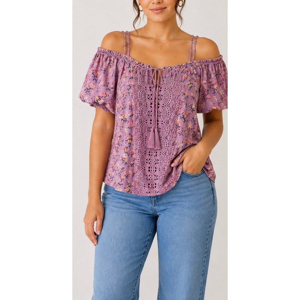 Floral Shoulder Lace Tassel Blouse Purple Boho Puff Sleeve Top Size-M
